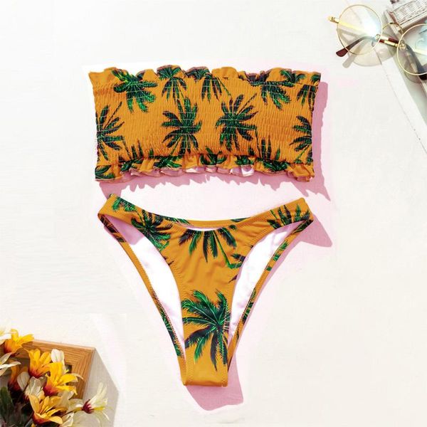 

two-piece suits strapless bikini push up cocoa palm tree printed pleated set lace low waist separates baÃ±adores mujer 2021