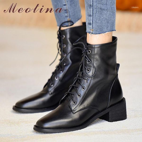 

boots meotina real leather mid heel short ankle women shoes square toe thick heels lace up lady autumn black brown11