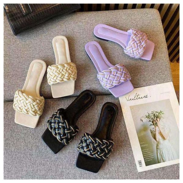 

slippers fashion weave women flat square toe slide brand chain sandal summer casual flip flops soft beach shoes zapatillas mujer, Black
