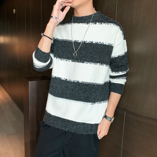 

Korean 2021 New Winter Round Turtleneck Releases Striped Men Long-sleeve Shirts Simple Soft Knit Pullovers Pull Homme YWOE, White;black