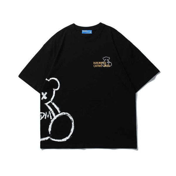 

hip hop streetwear harajuku t-shirt bear letter printed t shirt men fashion summer short sleeve black tees cotton 210527, White;black
