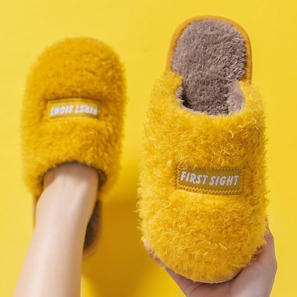 

slippers winter women home cotton hairy warm plush flat slides designer shoes ladies mute fluffy furry, Black