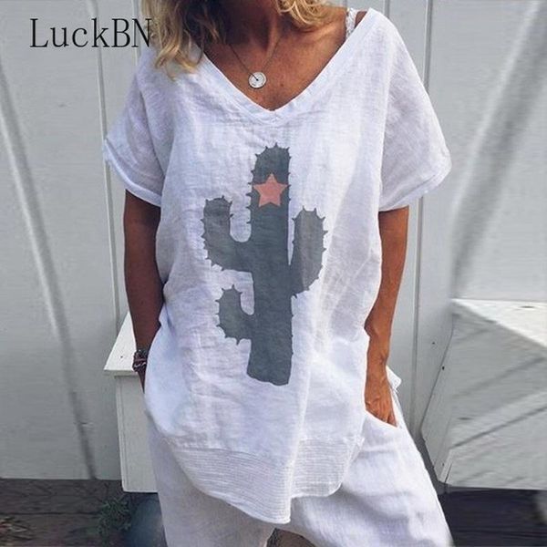 

women's blouses & shirts luckbn women s-5xl casual cactus print loose blouse shirt summer v-neck short sleeve blusa fashion womens and, White