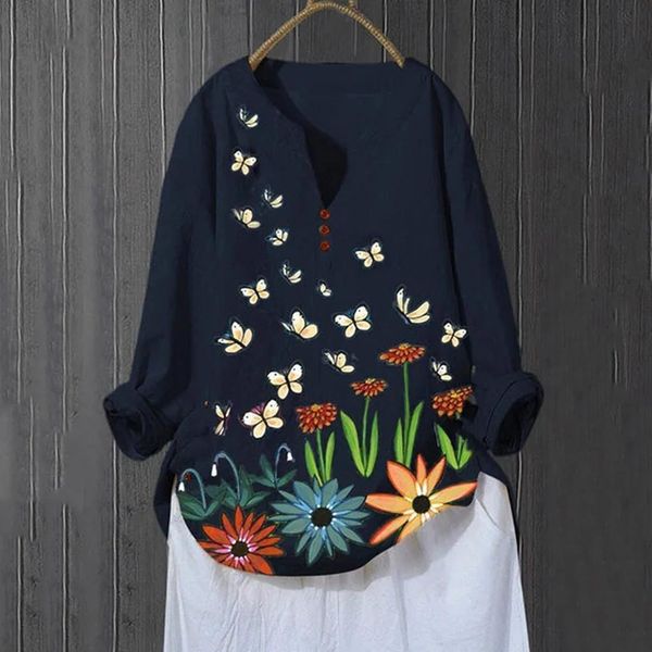 

plus size 2021 summer new women blouses casual cartoon butterfly flower printed long sleeve v neck tee shirt blouse zanz, White