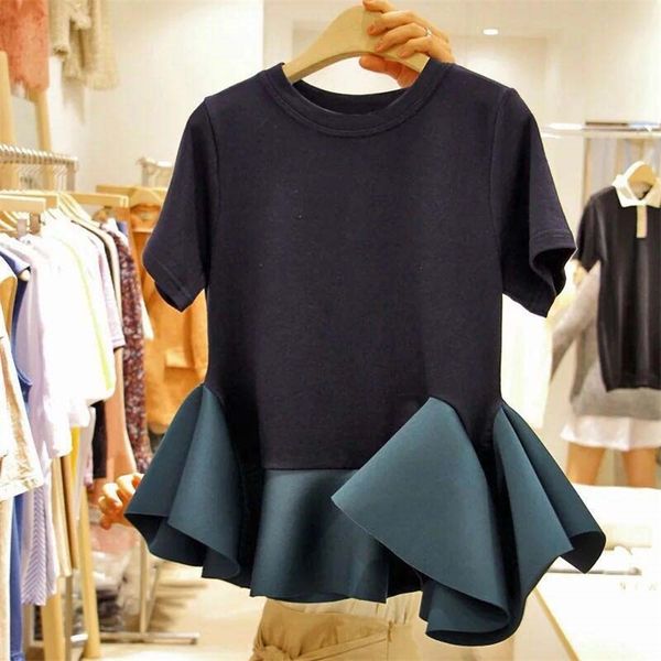 

black stitching ruffled short-sleeved t-shirt women's summer dress new korean office lady student chic tees gd007 210315, White