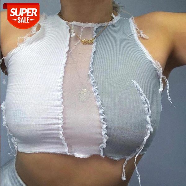 

dulzura ribbed patchwork mesh sheer women crop tanks bodycon streetwear festival clothing party club casual #a54p, White