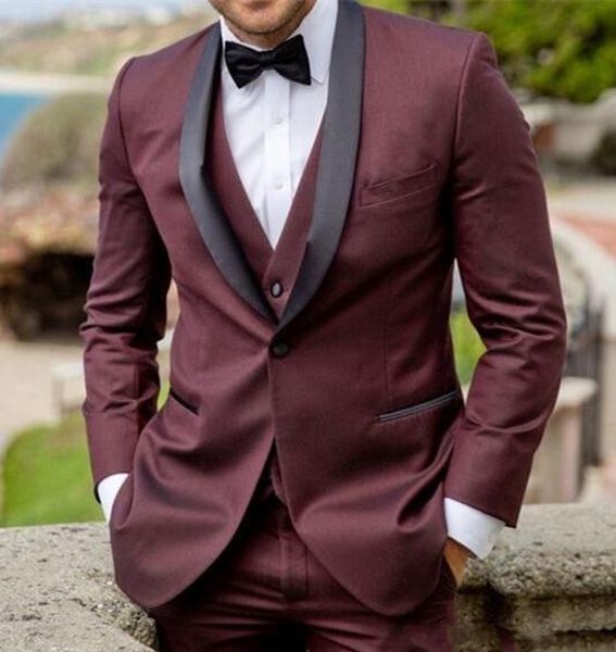 

excellent burgundy 3 piece suit men wedding tuxedos black satin shawl lapel groom tuxedos men business dinner prom blazer(jacket+pants+tie+v, Black;gray