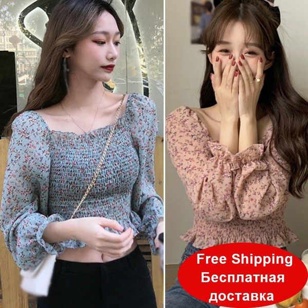 

women's tanks & camis floral shirt pleated print blouses casual puff sleeve square collar shirts top, White