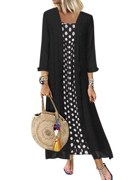 

new brand plus size ladies 2pcs clothes set maxi polka dot dress+long cardigans women dots two-piece o-neck long loose dresses, Gray