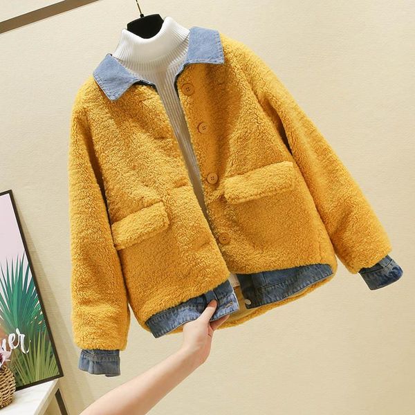 

fake two pieces lambs wool winter jacket women korean warm denim stitching winter coat women short parkas jacket c6018, Black