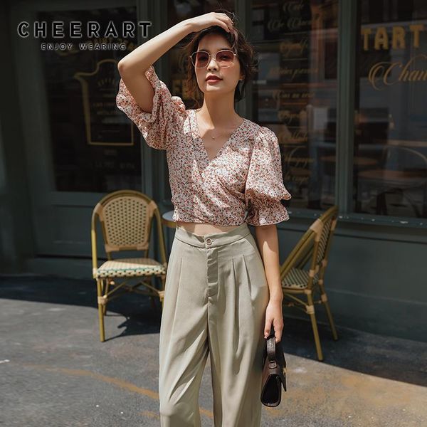 

cheerart puff sleeve crop korean blouse women chiffon v neck floral tie back ladies tunic blouse korean fashion clothing, White