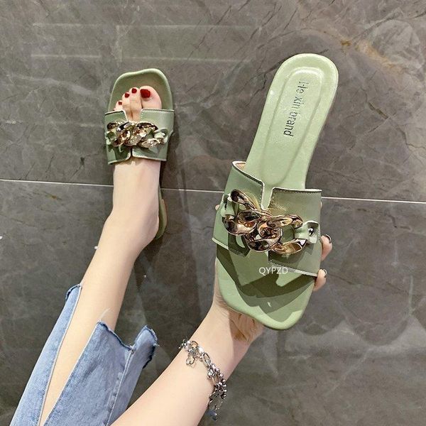 

slippers 2021 women summer ladies square toe flat slides fashion woman metal decoration female women's sandals beach lady shoes, Black