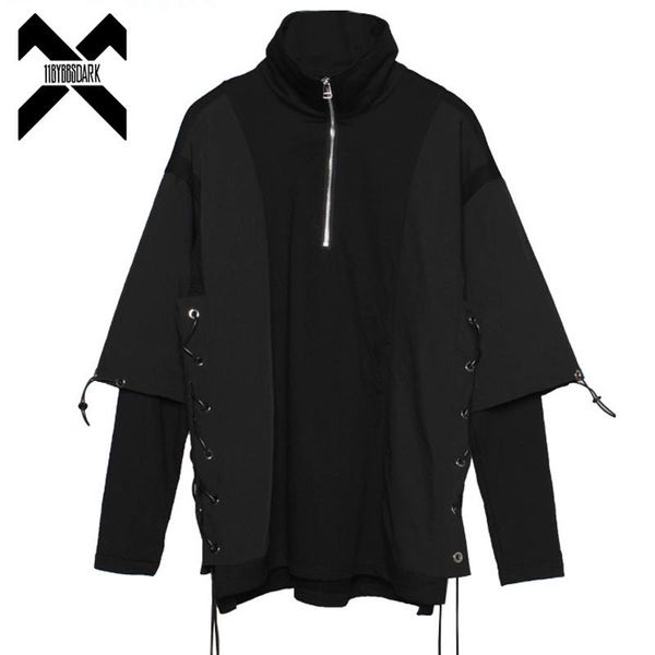 

men's hoodies & sweatshirts men fake two pieces turtleneck sweatshirt streetwear 2021 fashion punk function harajuku pullover ribbons, Black