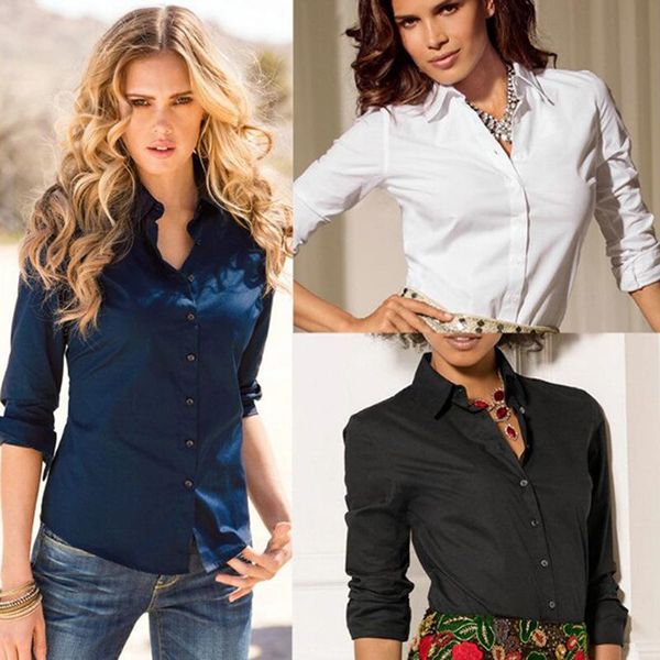 

women lady girls work office loose long sleeve work shirt blouse, White