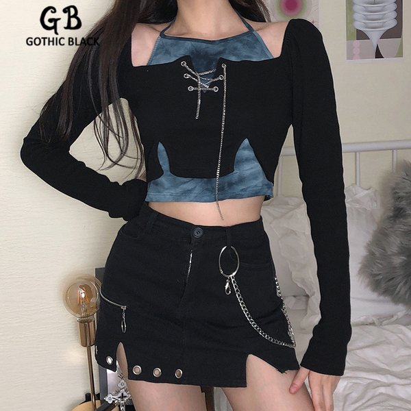 

fashion halter long sleeve tie dye patchwork t shirt women street hollow out splice chain crop autumn backless top, White