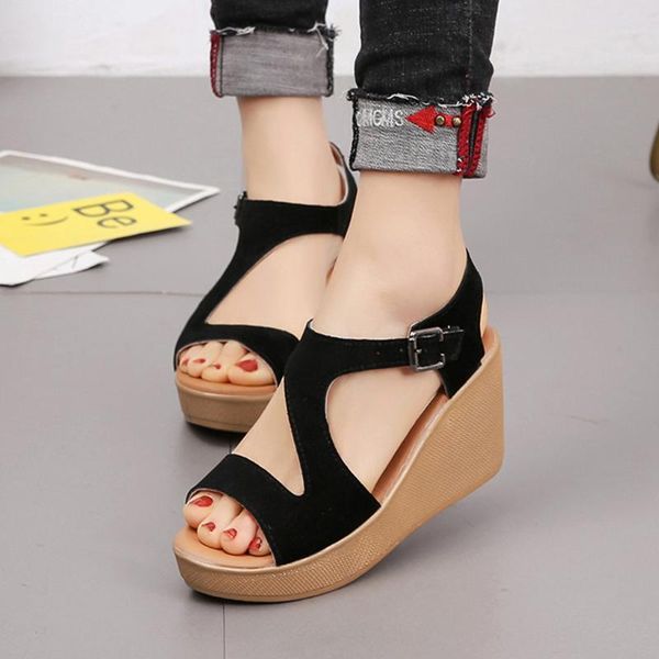 

women's sandals wedge heels thick-soled increased belt buckle shoes fish mouth sandals sandalias de las mujeres, Black