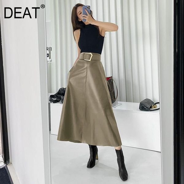 

skirts deat pu leather skirt women belt with sashes slim high waist a-line elegant quality causal wild 2021 autumn hc004, Black