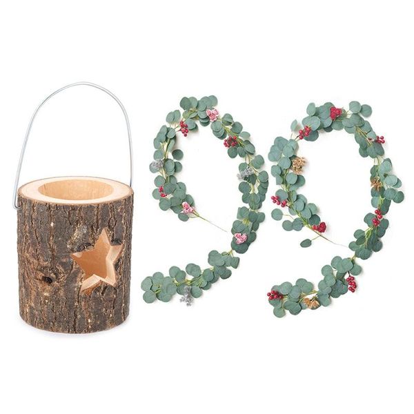 

1 pcs wood craft christmas round candlestick stand & 1 set artificial rattan, new year and christmas decoration