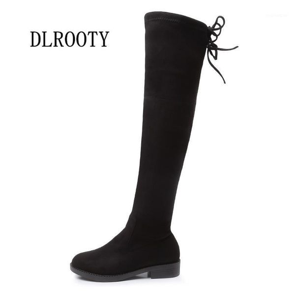 

boots women over-the-knee 2021 autumn female casual shoes woman fashion platform round toe lace up solid plus size 34-431, Black