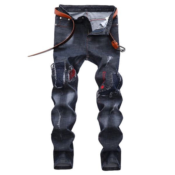 

autumn and winter mark of casual clothes hole shaved breeze men's brim hop elastikas straight pants plastic jeans g54z, Blue