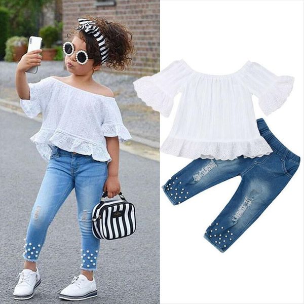 

summer toddler kids baby girls white t shirt denim long pants jeans outfits fashion set