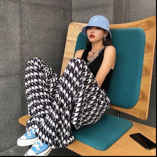 

fashion casual houndstoo loose summer womens pants autumn streetwear wide leg trousers female holiday, Black;white