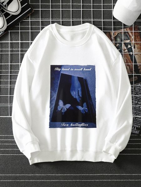 

men hands & butterfly print drop shoulder pullover without tee u47s#, Black