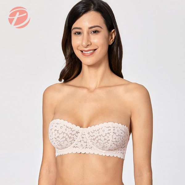

bras dobreva women's lace strapless bra unlined multiway underwire balconette bralette, Red;black