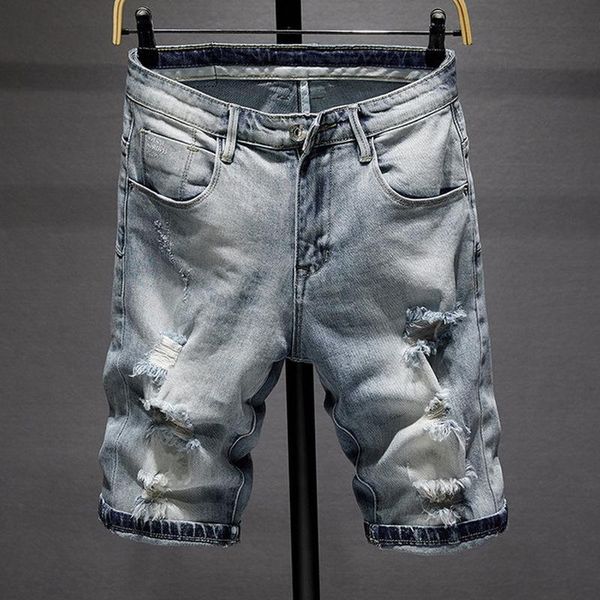 

new summer denim shorts for man light blue holes jeans shorts men cotton straight fit stretch denim jeans