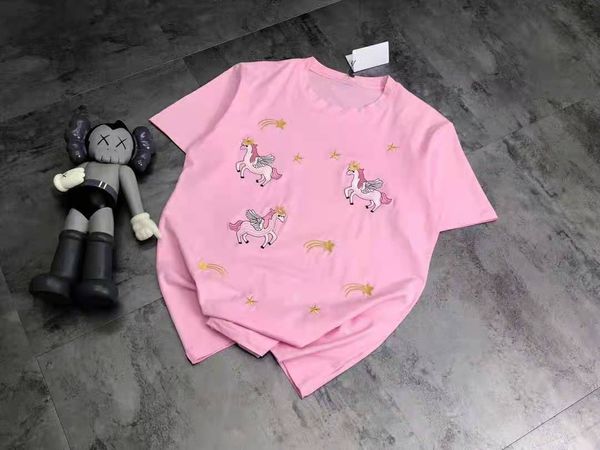 

2021 spring and summer new product heavy industry embroidery angel pegasus round neck loose cotton lovers men's and women's short, White