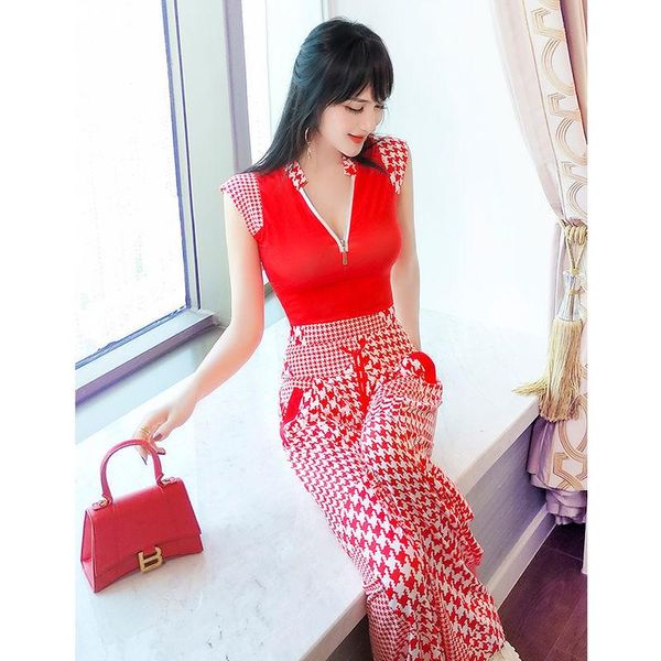

women's two piece pants 2021 summer women pieces printed suits sleeveless deep v-neck zipper shirt +long wide leg trousers sets, White