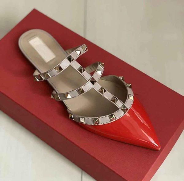 

summer women pointed toe sandals slippers rock studs flip flops beach sandals rivets designer lady slides solid with box,eu35-43, Black