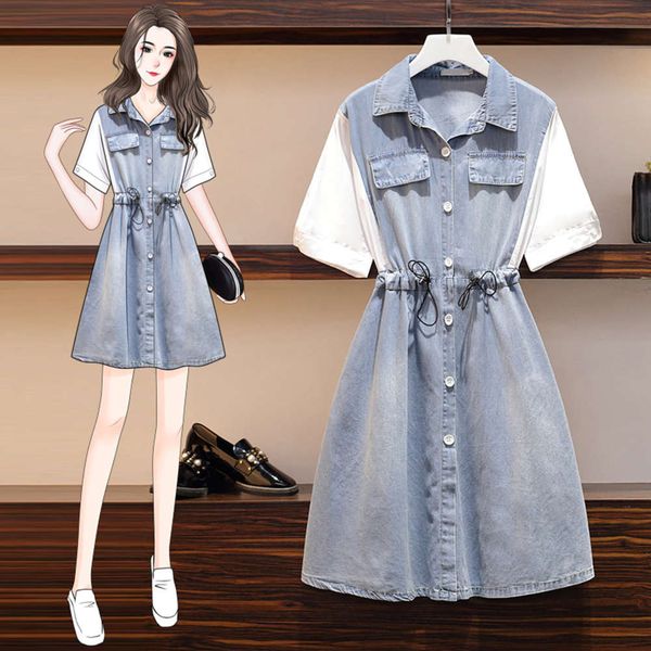 

big size women's fat sister dress summer 2020 new slim cover belly waist fashion fake two denim skirts, Black;gray