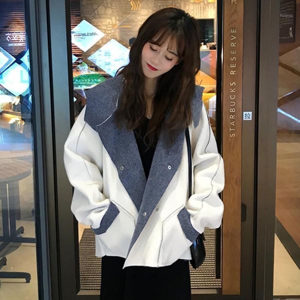 

women's jackets [ewq] fashion korean chic loose pocket casual woolen white hooded coat women covered button jacket female tide 2021 16e, Black;brown