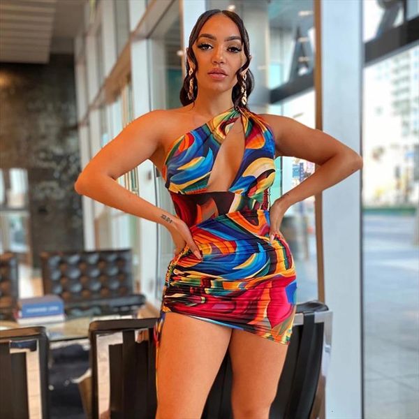 

colorful printed drawstring mini women dress hollow out halter ruched bodycon dresses summer vacation beach sundress, Black;gray