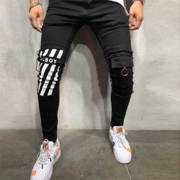 

mens cool designer brand pencil jeans skinny ripped destroyed stretch slim fit hop pants with holes for men printed jeans 211011, Blue