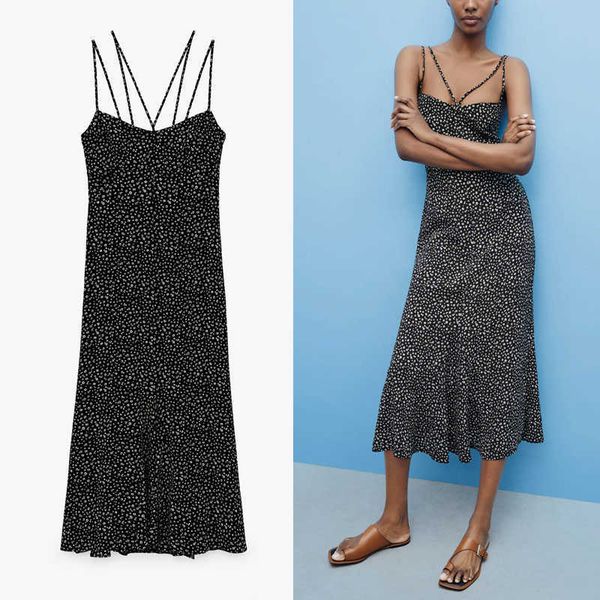 

za black floral print summer dress women sleeveless thin straps backless midi dresses woman back zip vintage dress 210602, Black;gray