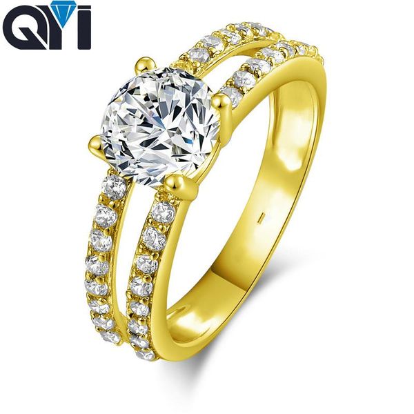 

cluster rings qyi 14k solid yellow gold solitaire engagement jewelry luxury 1.25 ct sona simulated diamond wedding for women, Golden;silver