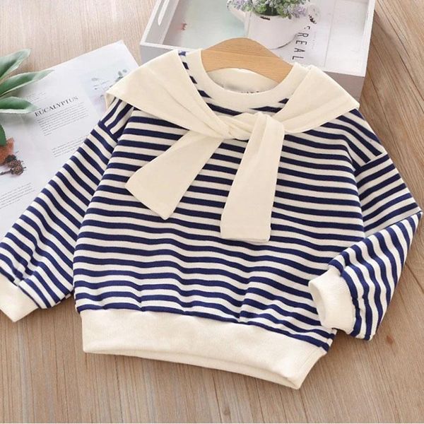 

hoodies & sweatshirts girls fashion striped t-shirt autumn o-neck bandage decor loose base shirt long sleeve children with matching shawl, Black