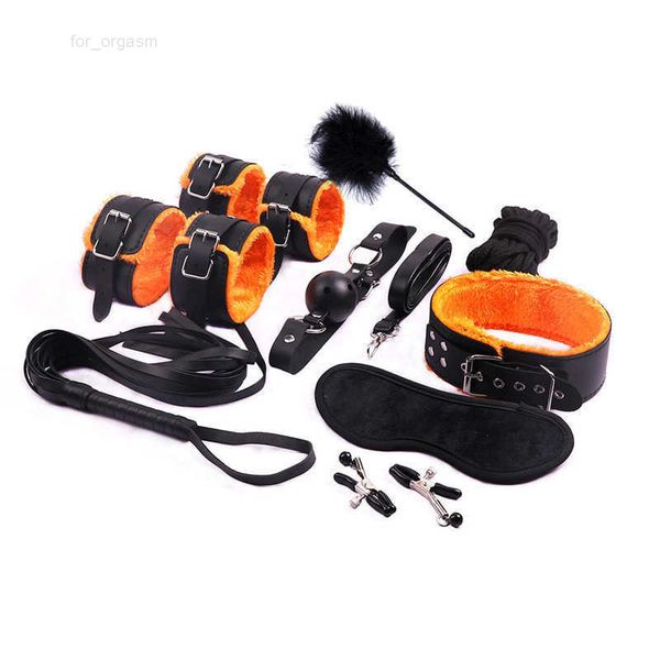 

2022suit games 9pcs/set adults handcuffs ball mouth gag rope whip kit sm bondage restraint set for couples woman 210722