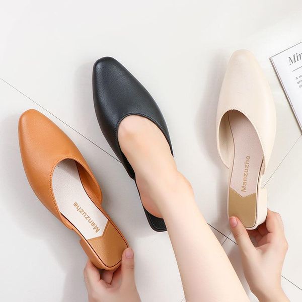 

slippers autumn flip flop women summer outdoor fashion lazy pointed half pvc comfortable soft square heel female beach shoes, Black