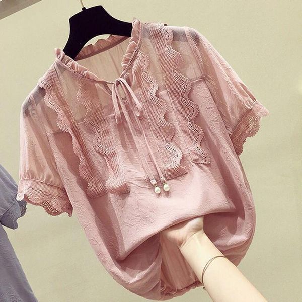 

large size lace women blouses 2021 summer cotton women blouses short sleeve lace up shirt 5xl, White