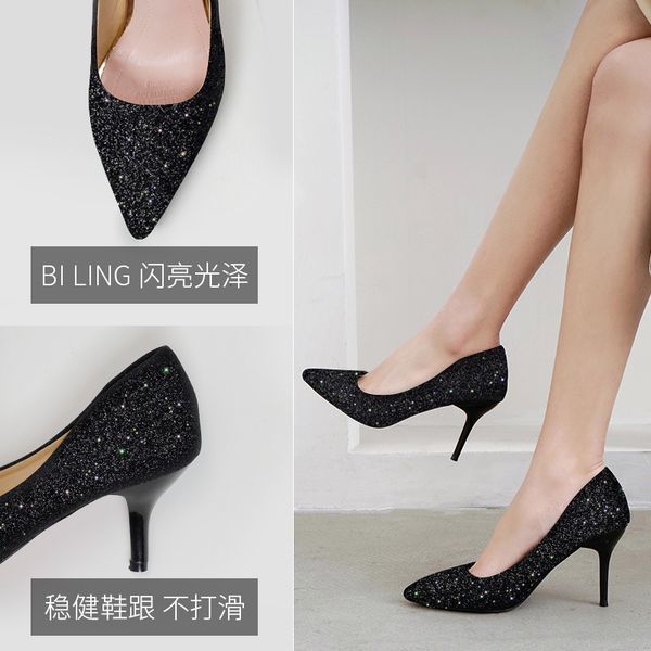 

2021 luxury dress shoes french stiletto heel's pointed black celebrity single sho in spring