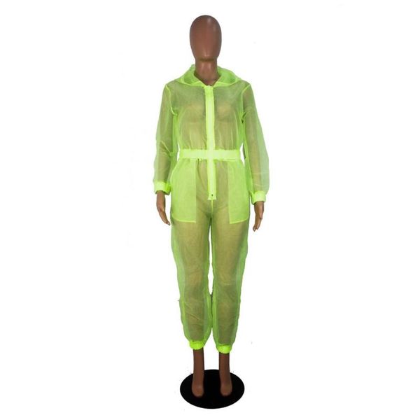 

women's jumpsuits & rompers arrival sheer mesh see through autumn women hooded zipper full sleeve overall streetwear yd9137, Black;white