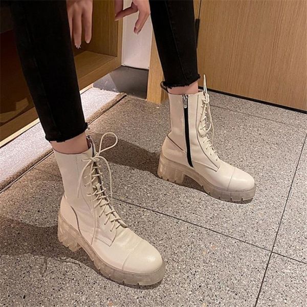 

boots pxelena 2021 autumn winter women genuine leather combat chunky block transparent high heels lace up riding ankle, Black