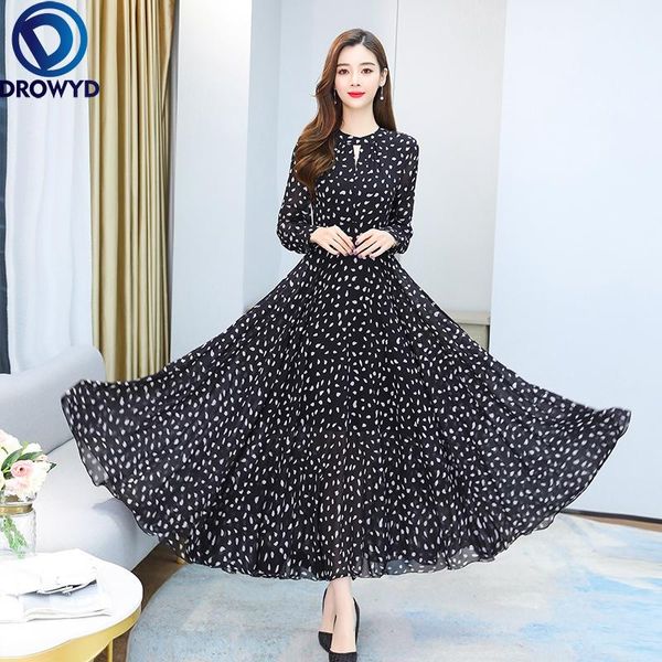 

casual dresses 2021 boho beach dress spring autumn women party bodycon maxi vestido vintage black floral chiffon midi sundress, Black;gray