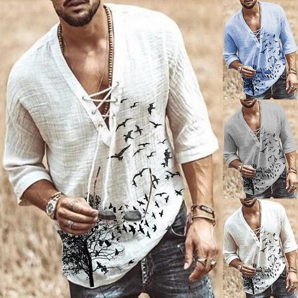 

men's casual shirts fashion hippie linen shirt middle sleeve v neck summer beach loose tee solid color t 2021, White;black