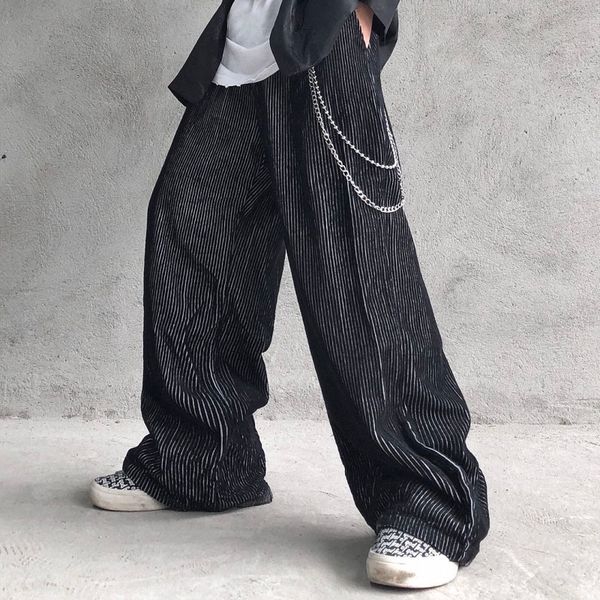 

new 2021 harajuku corduroy chain loose wide-leg men and women elastic wasit straight autumn trousers oversize hip hop casual pants sby7, Black