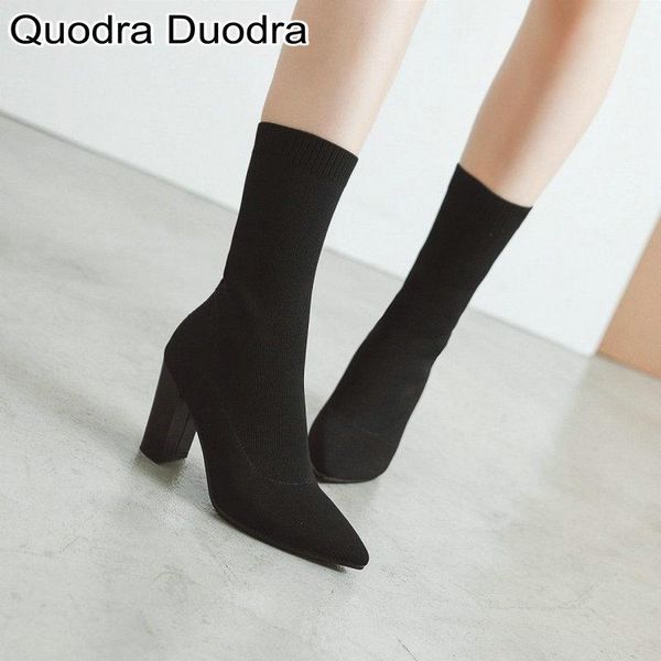 

boots women winter/spring stretch ankle shoes thick high heels square pointed toe short ladies slip-on size 34-43, Black