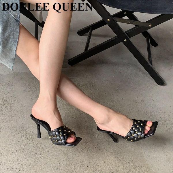 

2021 fashion brand rivet slippers women thin high heels sandals casual slides outdoor flip flops embroidery mule shoes for party, Black